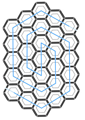 Two paths emerge from either side of a central hexagon and radiate outwards in a spiral design. This design could continue as such infinitely.