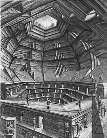 From Erik Desmazieres illustrations of the library of babel. Librarians comb through endlessly receding shelves of books beneath a hexagonal skylight.
