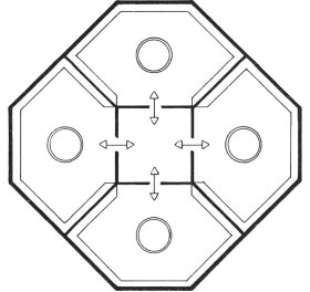 Four hexagons each with a single opening terminate in a central chamber
